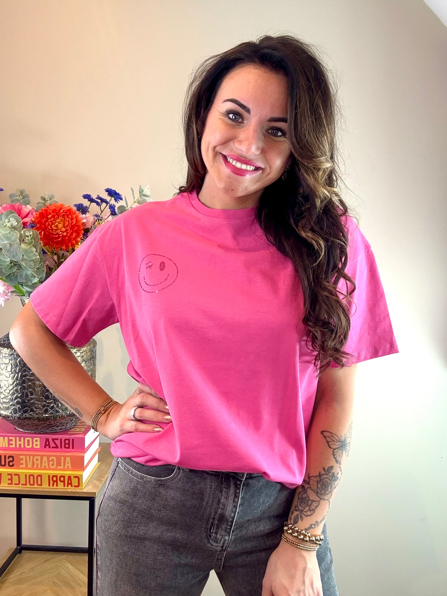T-Shirt smiley face -fuchsia