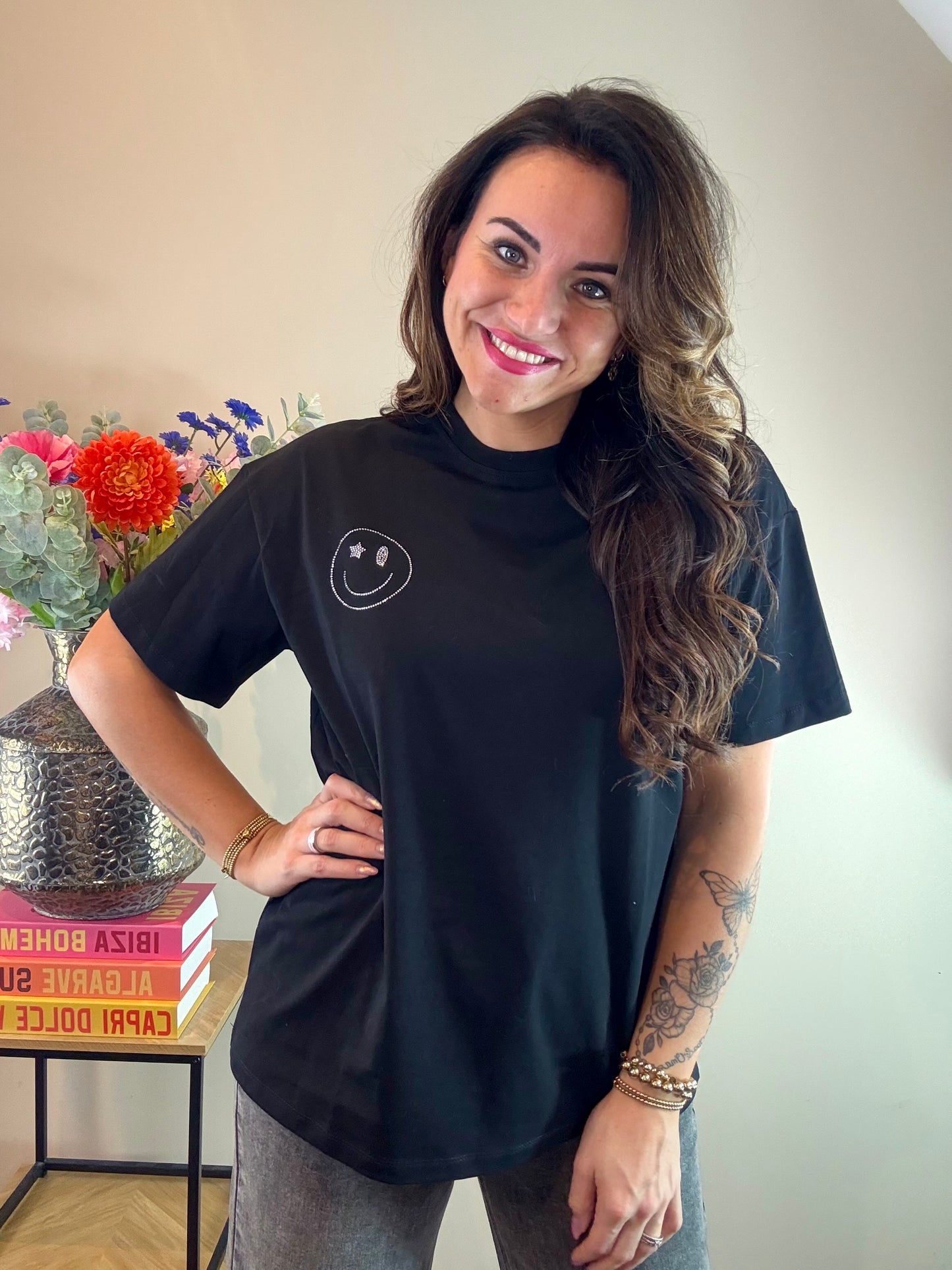 T-shirt smiley face - zwart
