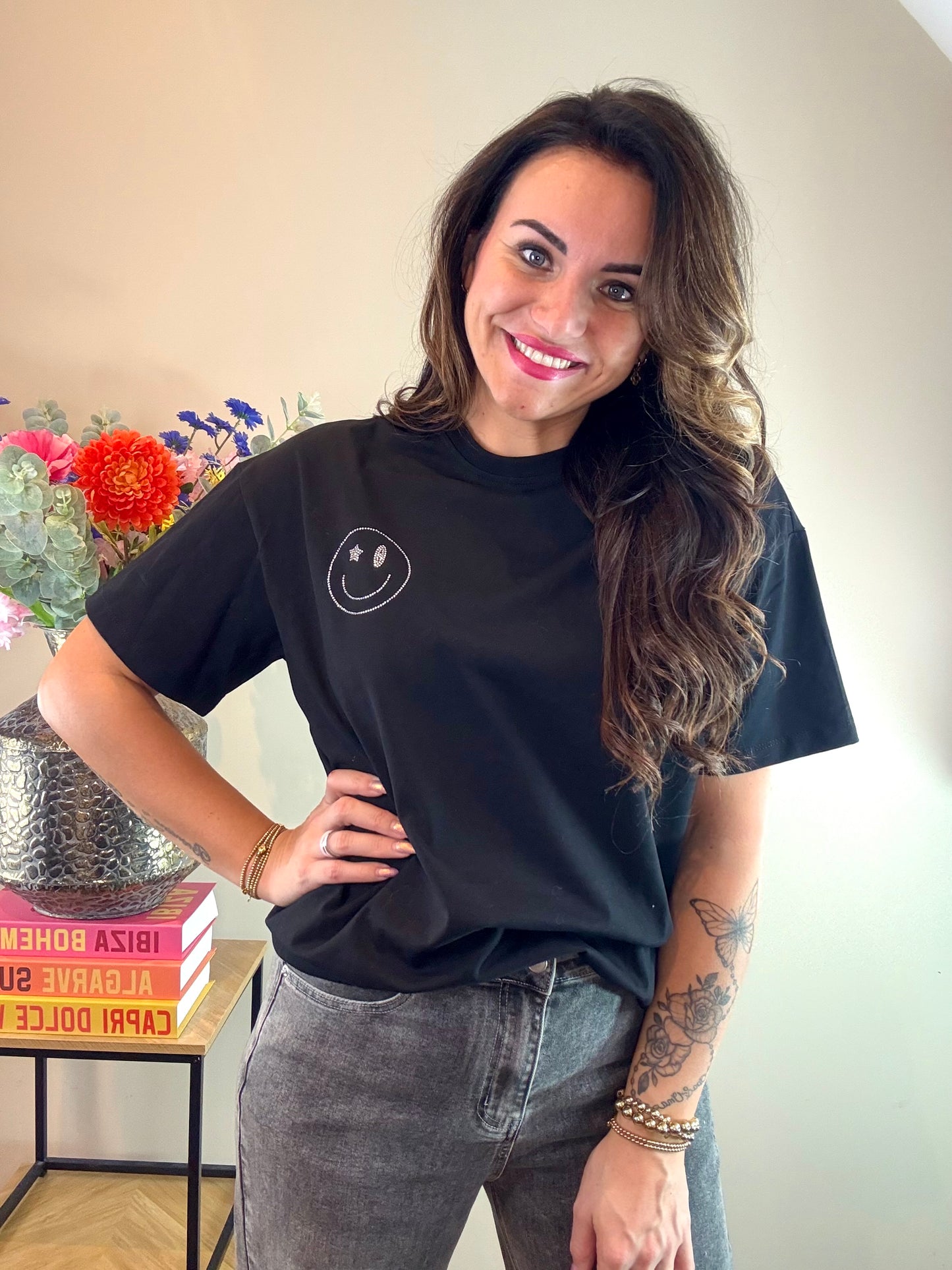 T-shirt smiley face - zwart